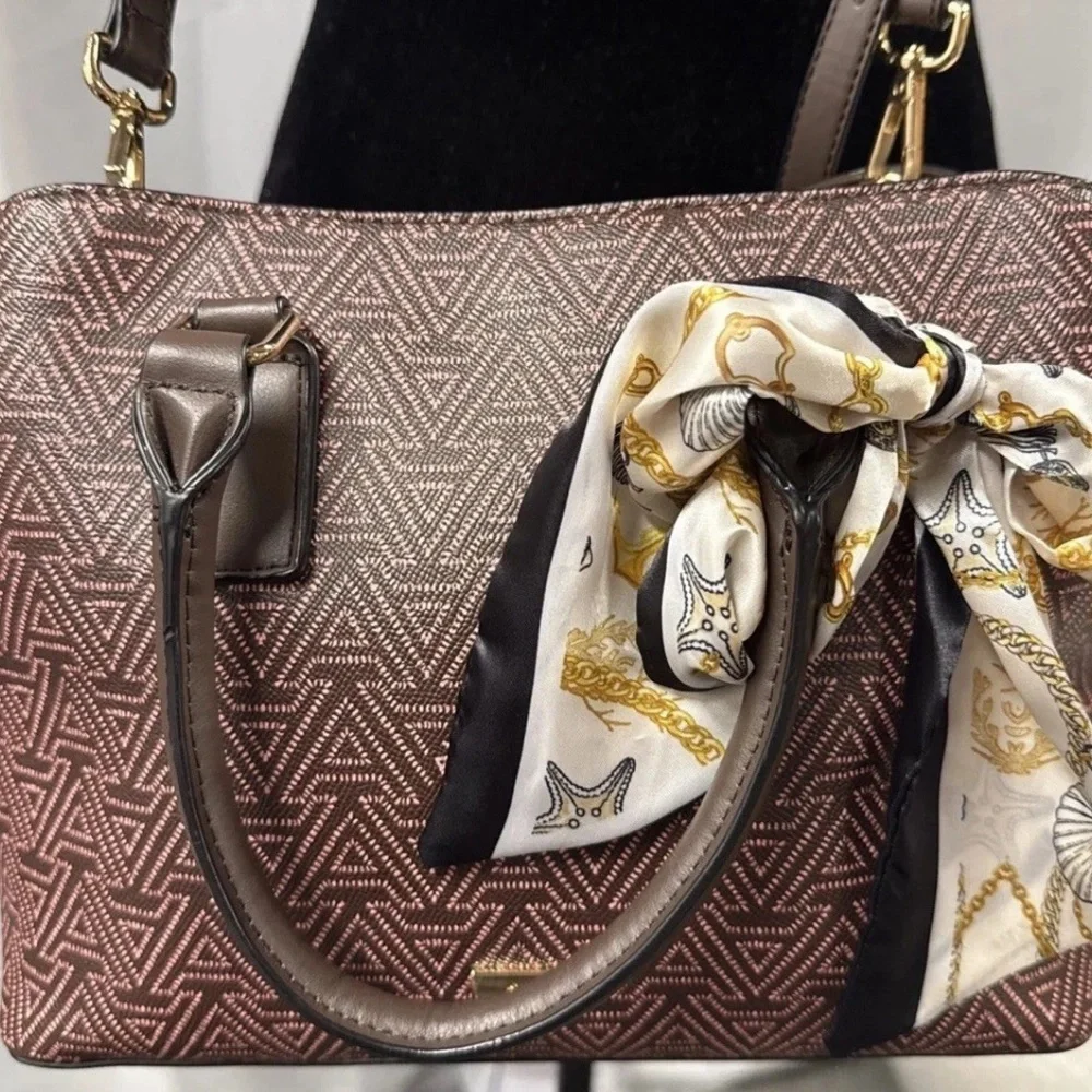 ALDO Crossbody Signature Galilini Pink & Brown Dome Satchel Handbag Purse Scarf - Picture 9 of 16